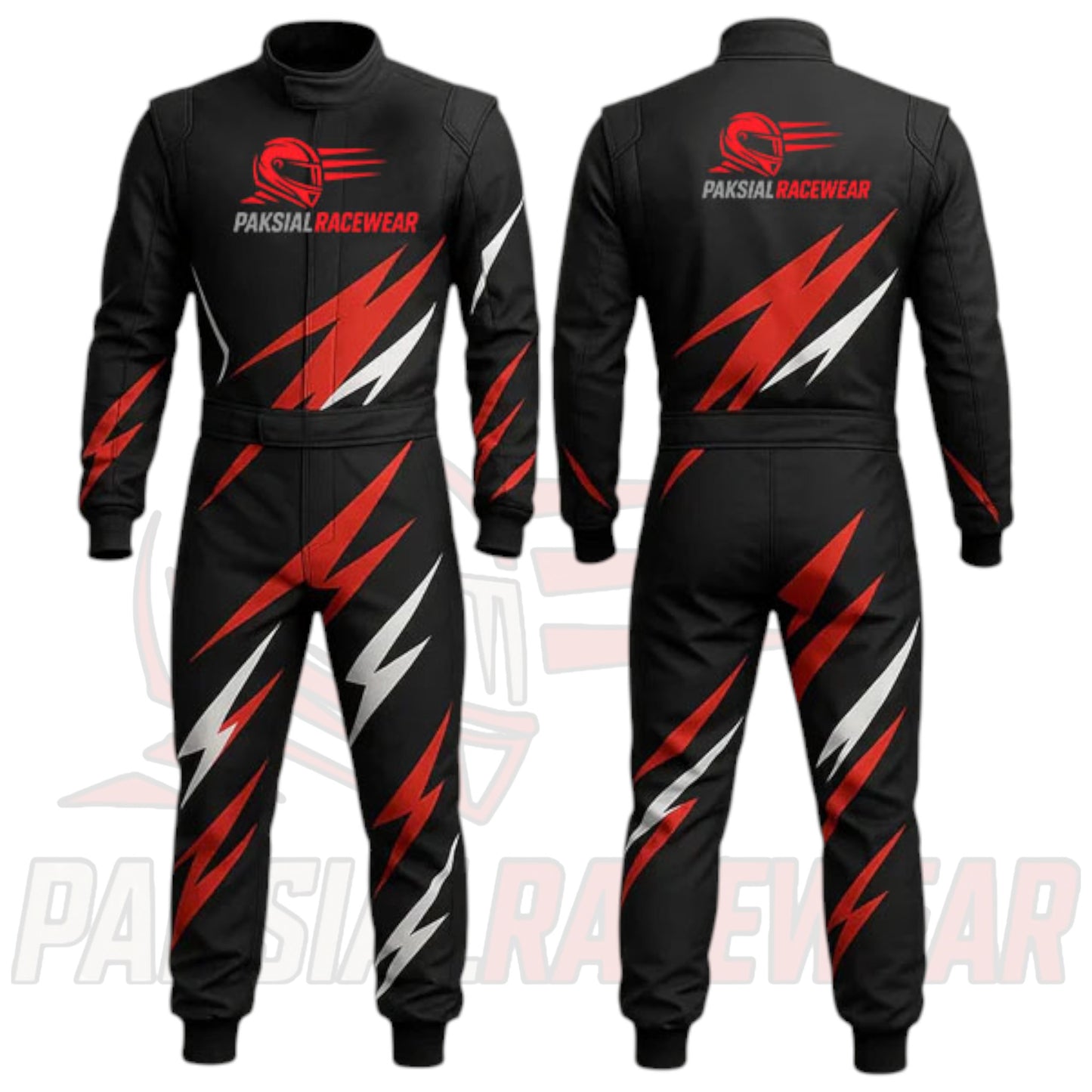 Paksial Racewear “Strike Velocity” Lightning Bolt Karting Suit – Red & Silver Edition