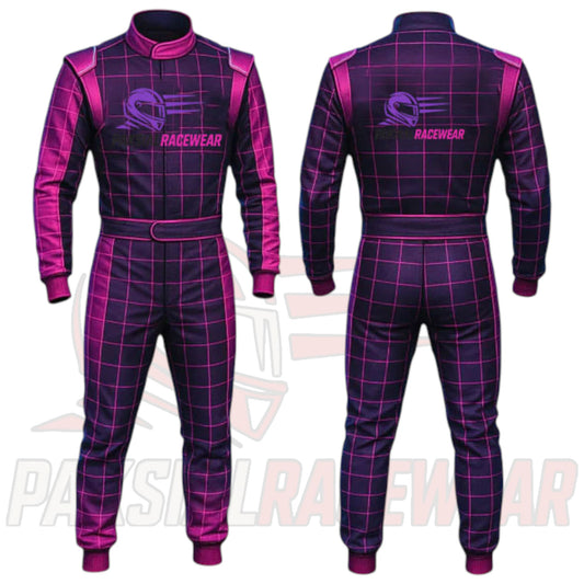 Paksial Racewear “Neon Grid” Retro-Futuristic Karting Suit – Purple & Pink Edition