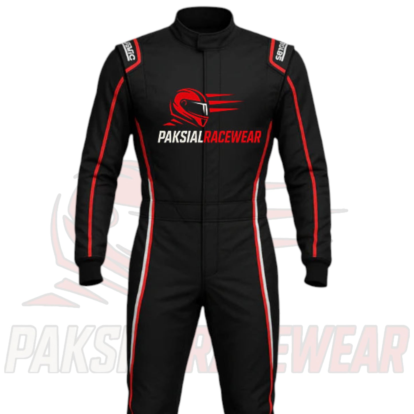 Rustle Racewear Black Racing Suit with Red & White Accents | Premium Kart Race Suit by Paksial Racewear