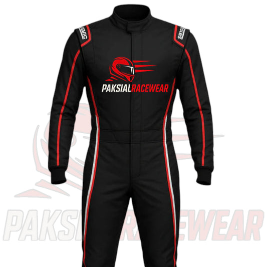 Rustle Racewear Black Racing Suit with Red & White Accents | Premium Kart Race Suit by Paksial Racewear