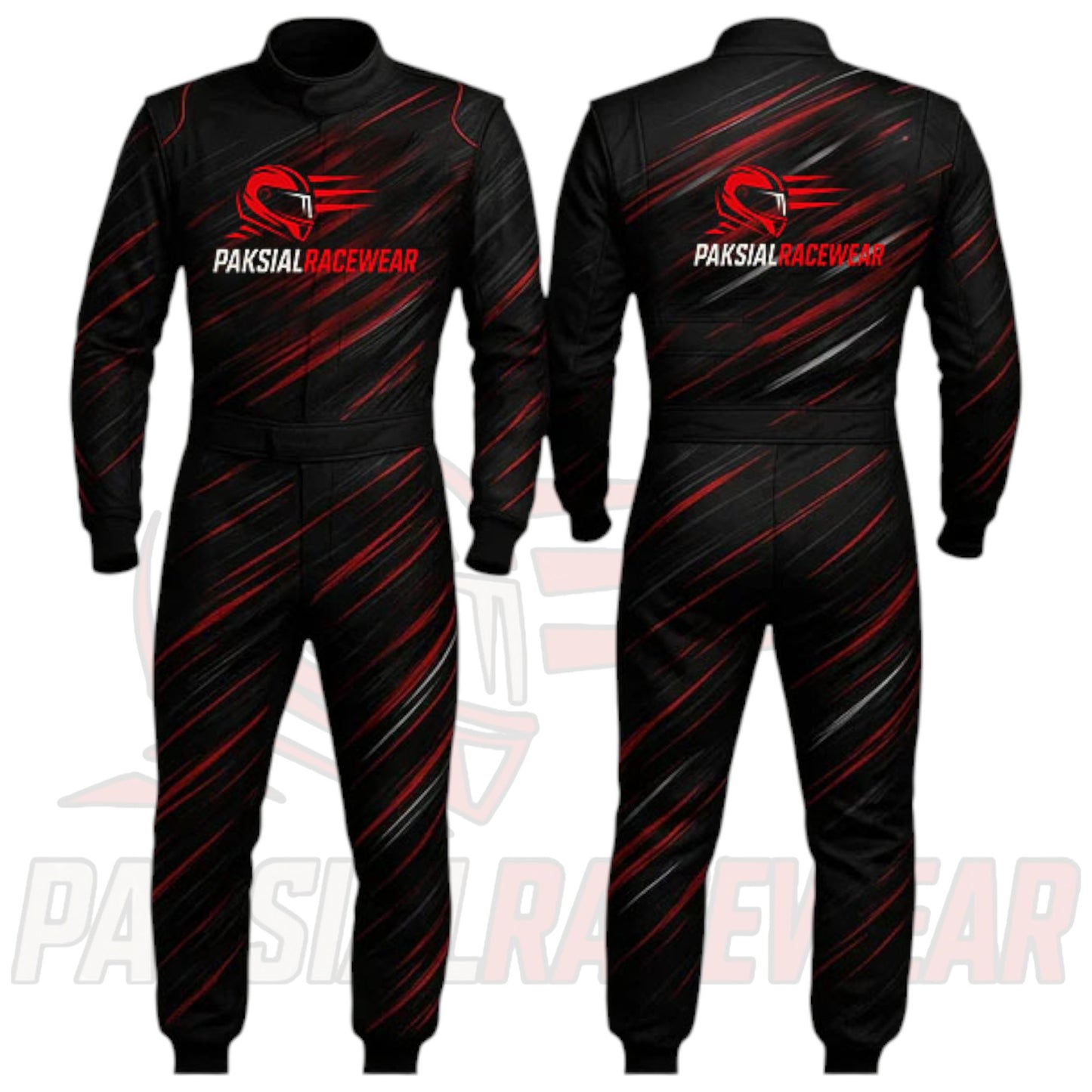 Paksial Racewear Shadow Strike Karting Suit | Black with Red & Silver Streaks