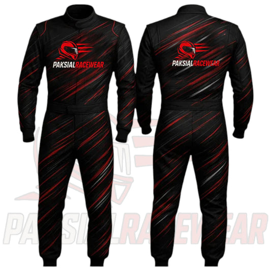 Paksial Racewear Shadow Strike Karting Suit | Black with Red & Silver Streaks